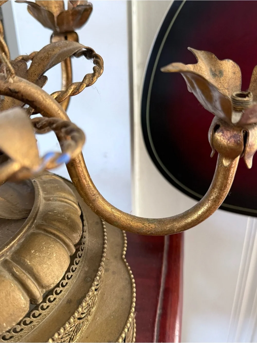 Vintage Italian Hollywood Regency Gold Gilt Rose Chandelier Candle Holder Lamp